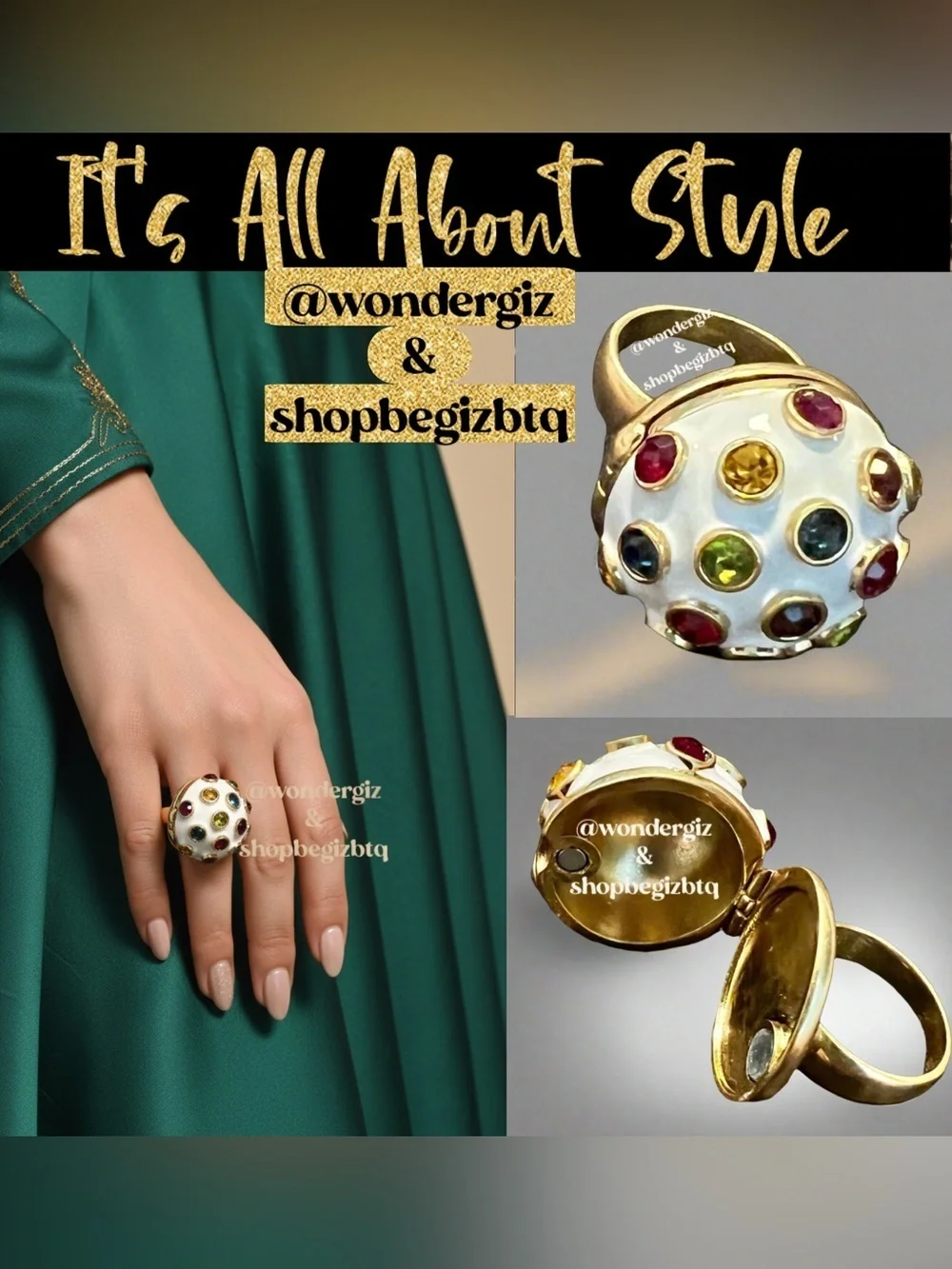 🆕Tory Burch Authentic Unique Locket Magnetic Ring White Enamel Colorful Stones